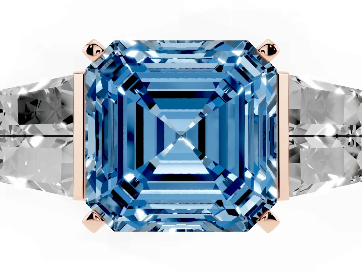Fancy Blue Asscher Cut Diamond Engagement Ring with Baguette Side Stones and Channel Set Band Rose gold