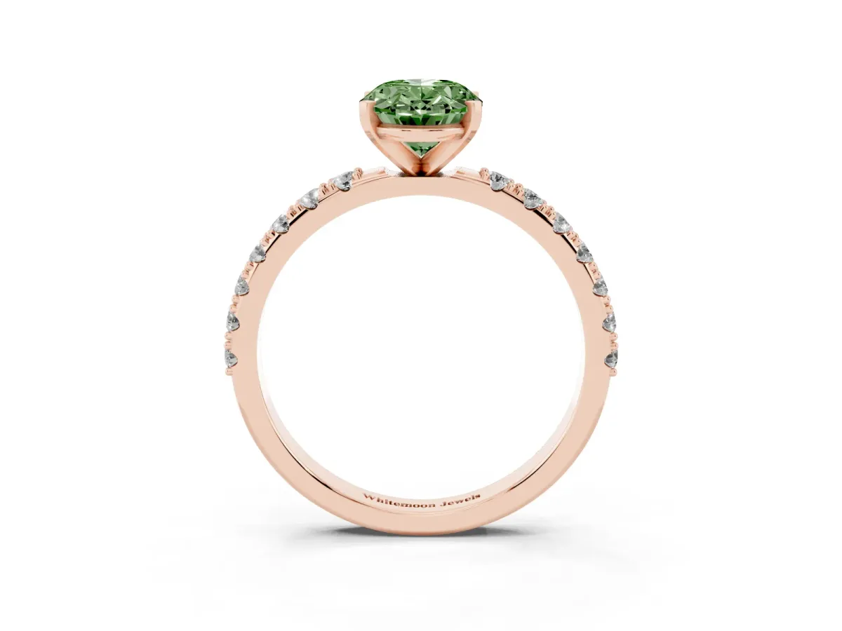Fancy Green Oval Cut Diamond Solitaire Pavé Band with Four-Prong Setting Rose gold
