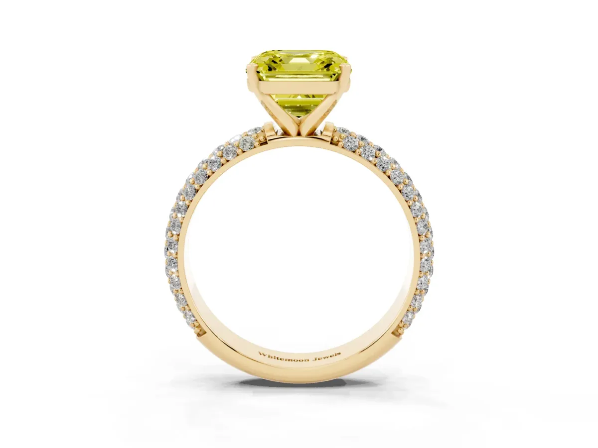 Fancy Yellow Asscher Cut Diamond Solitaire Ring with Prong Setting and Pavé Band Yellow gold