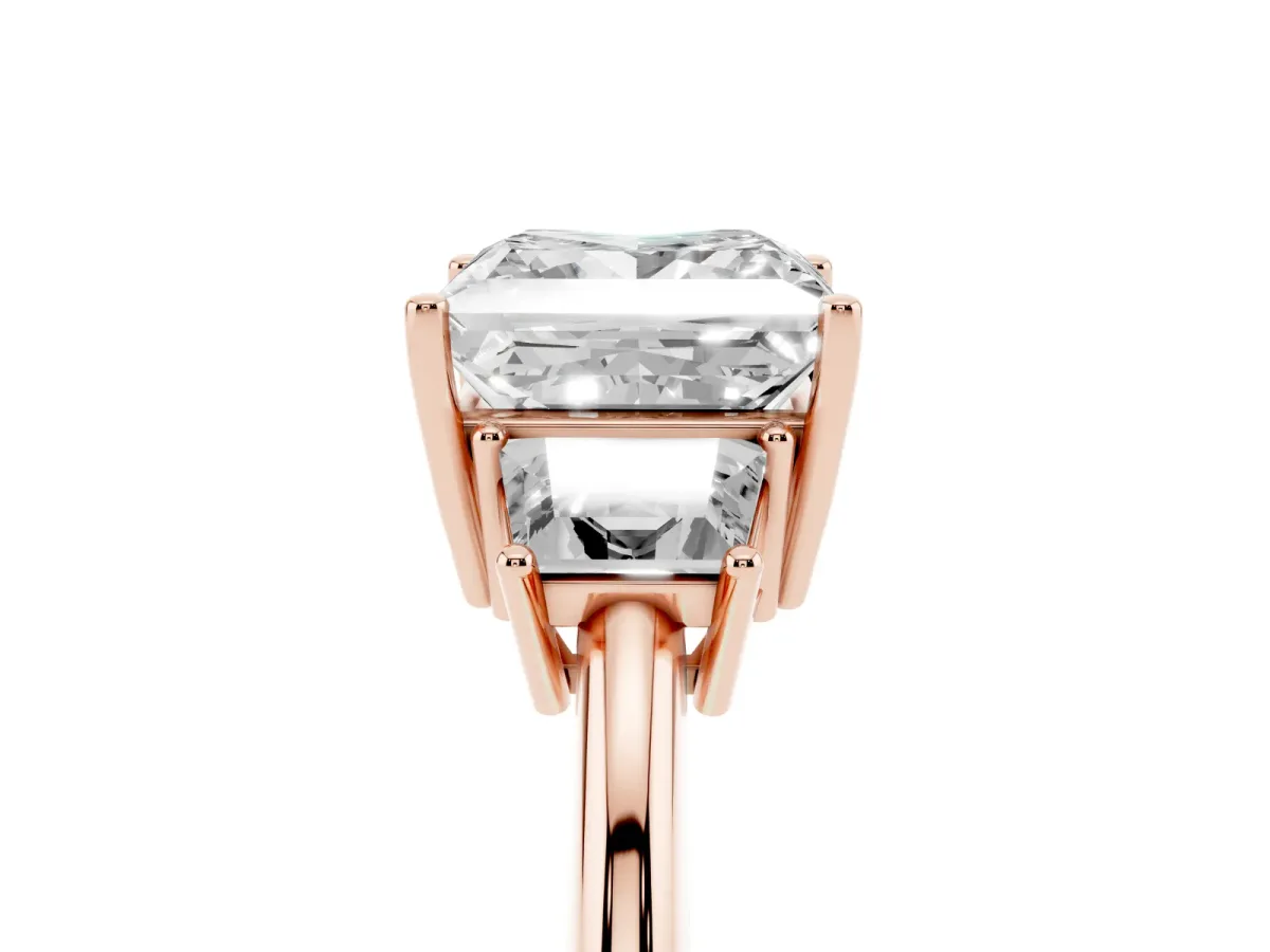 Princess Cut Diamond Three-Stone Ring with Trapezoid Side Stones and Prong Setting Rose gold