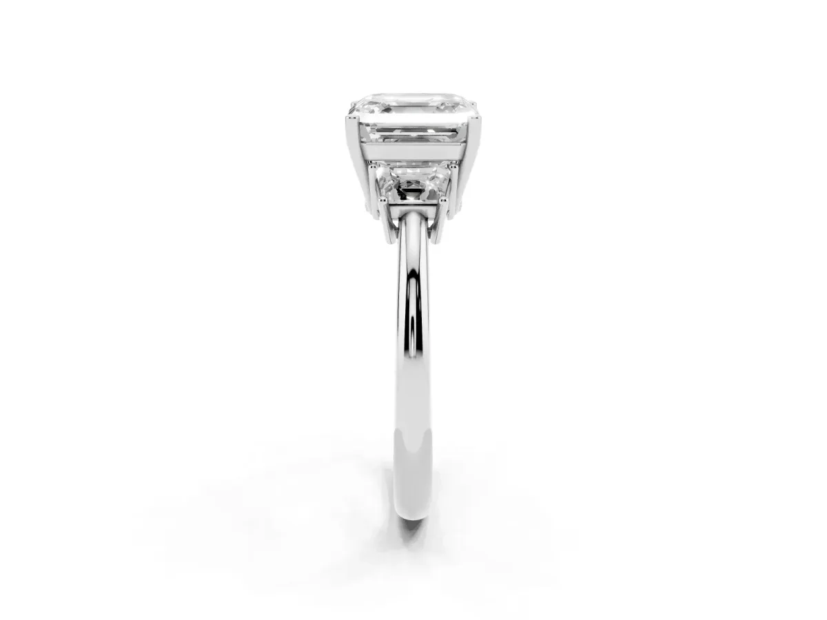 Asscher Cut Diamond Three-Stone Ring with Trapezoid Side Stones and Prong Setting Silver