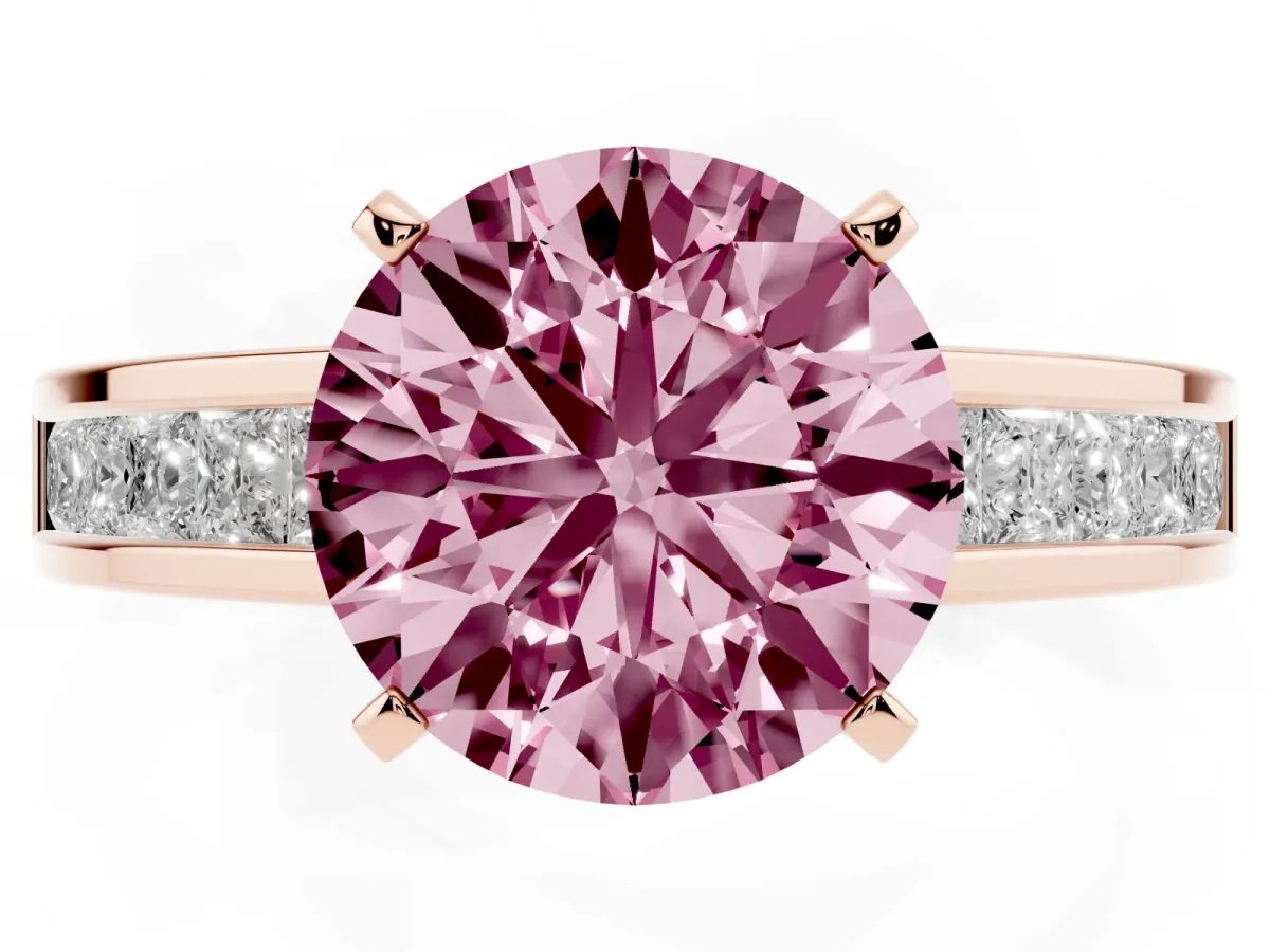 Fancy Pink Round Cut Solitaire Diamond Ring with Channel-Set Band and Four-Prong Setting Rose gold