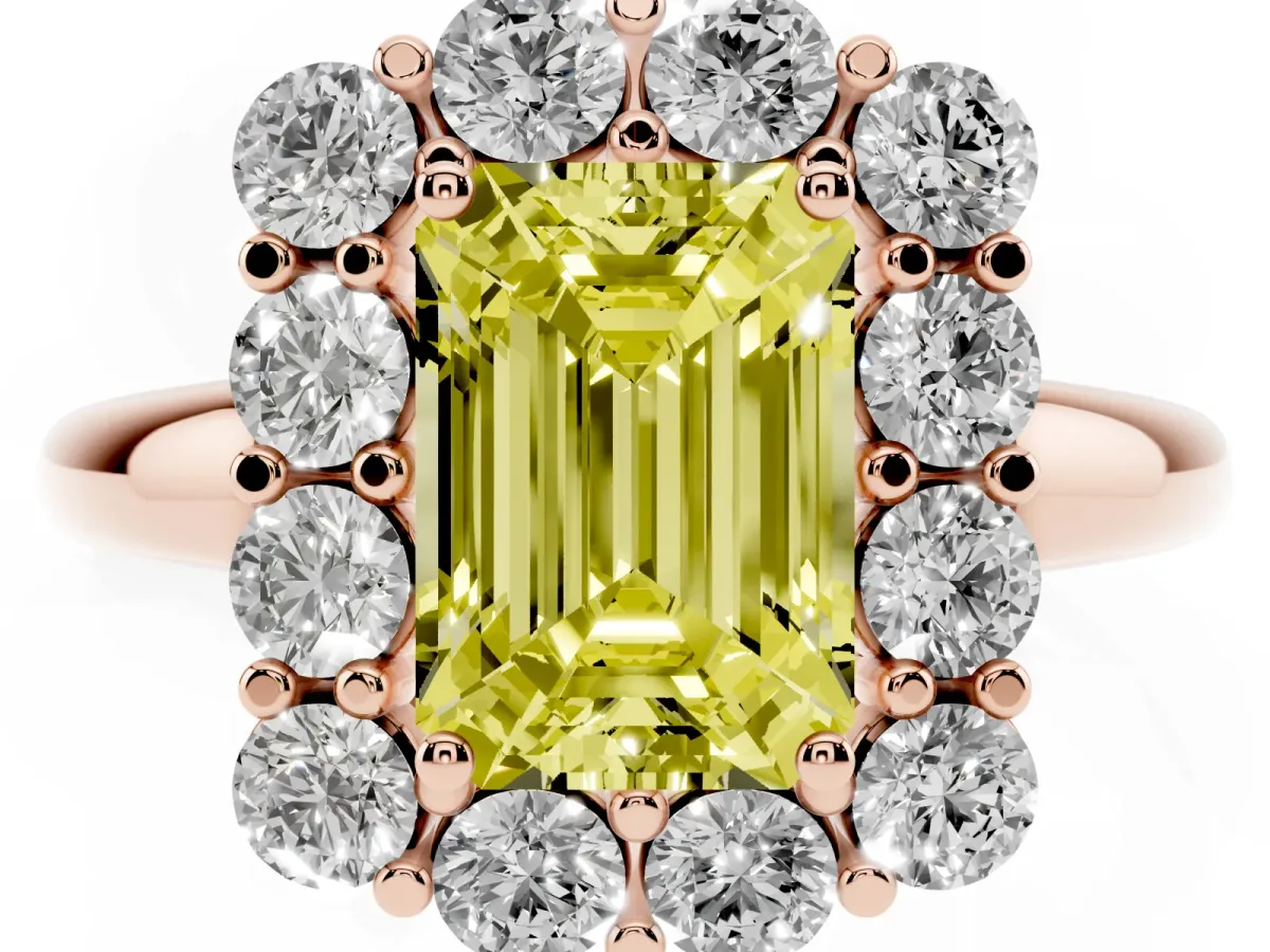 Fancy Yellow Emerald Cut Halo Cluster Diamond Engagement Ring with Prong Setting and Polished Band Rose gold