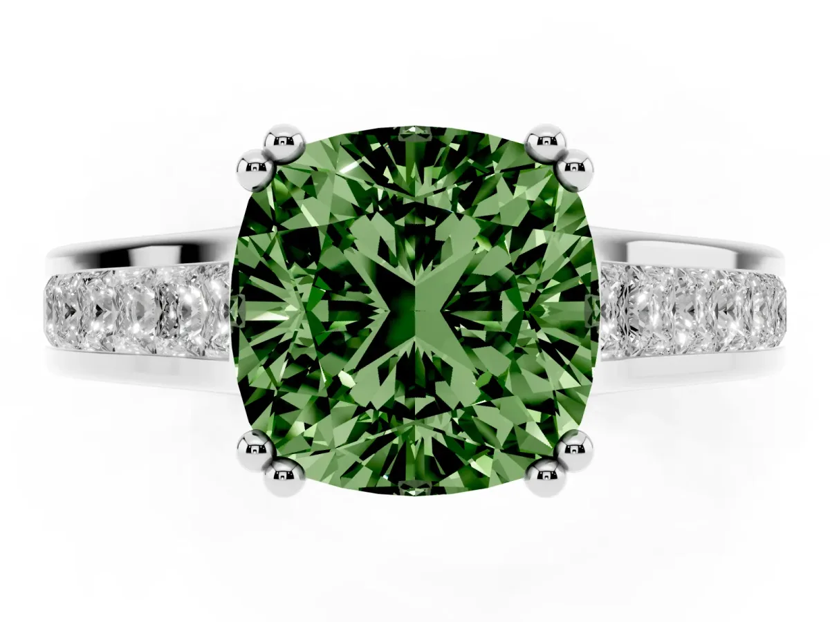 Fancy Green Cushion Cut Cut Channel Set Solitaire Engagement Ring with Prong Setting Silver