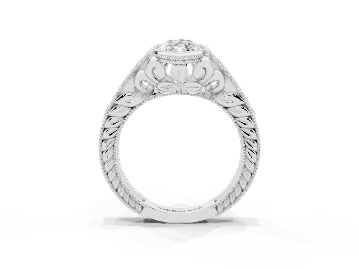 Bezel Set Marquise Cut Diamond Milgrain Pave Engagement Ring Silver