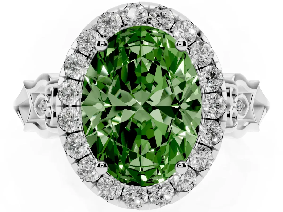 Fancy Green Oval Cut Halo Diamond Engagement Ring with Filigree Band and Four-Prong Setting Platinum