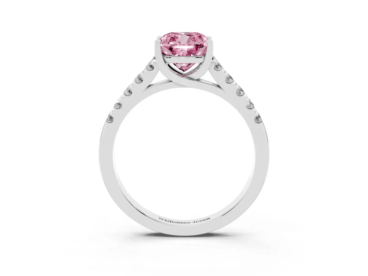 Fancy Pink Cushion Cut Diamond Pavé Band Solitaire Ring with Prong Setting Silver