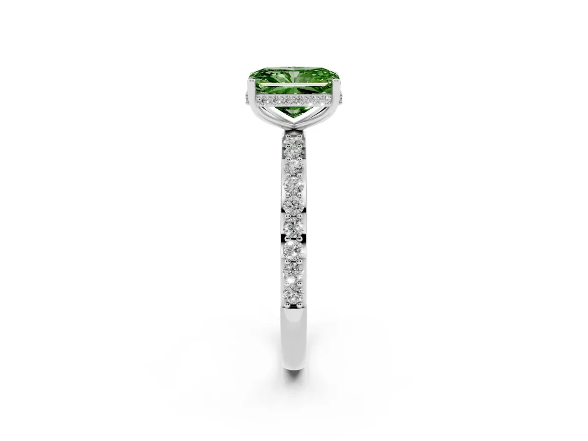 Fancy Green Radiant Cut Diamond Solitaire Ring with Pavé Band and Hidden Halo White gold