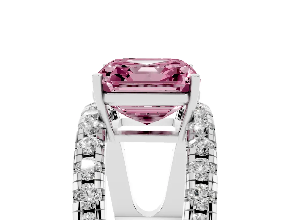 Fancy Pink Asscher Cut Solitaire Split Shank Pave Diamond Ring Platinum