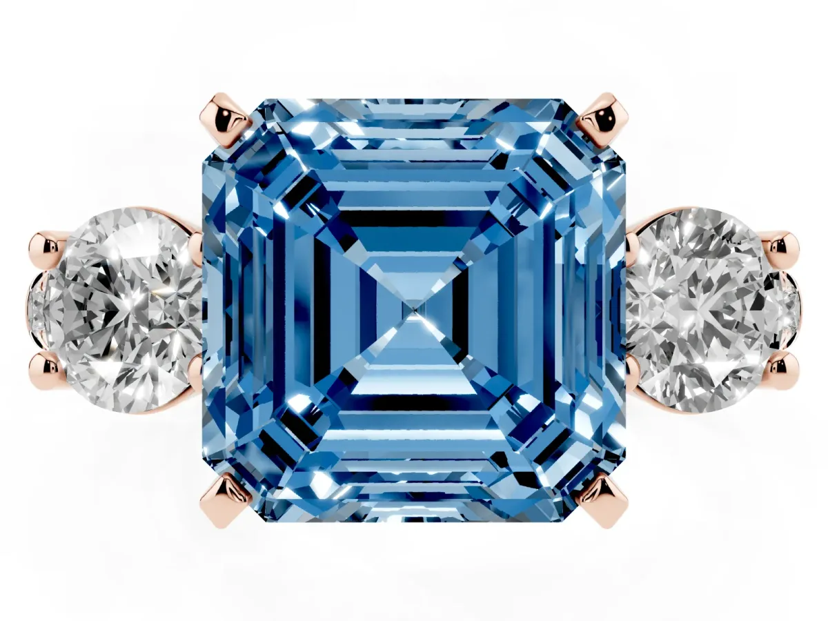 Fancy Blue Three-Stone Asscher Cut Diamond Pavé Band with Four-Prong Setting Rose gold