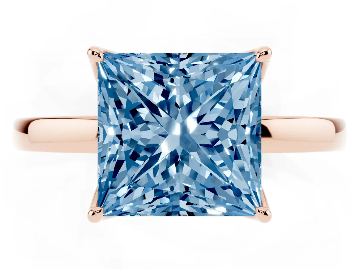 Fancy Blue Princess Cut Diamond Solitaire Ring with Thin Band and Prong Setting Rose gold