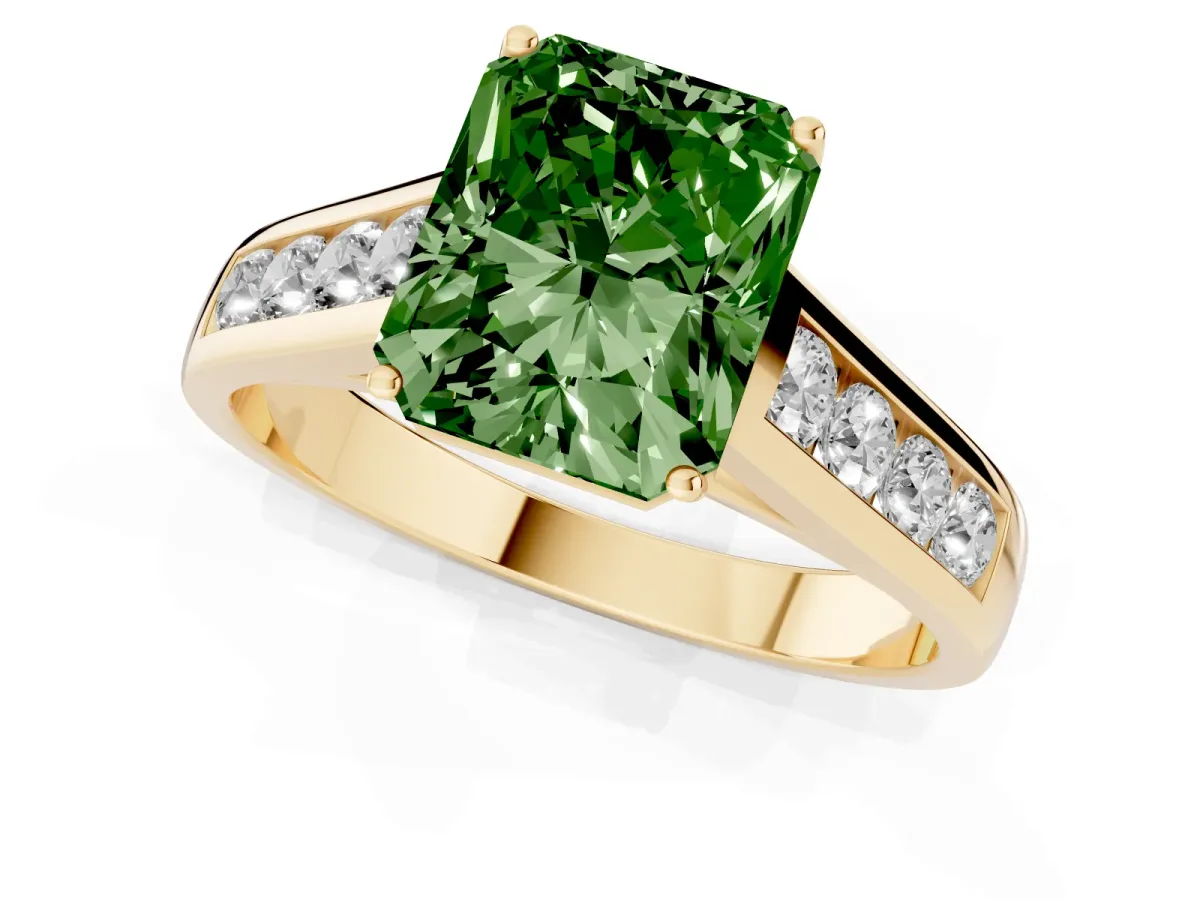 Fancy Green Radiant Cut Brilliant Channel-Set Solitaire Ring with Four-Prong Setting Yellow gold
