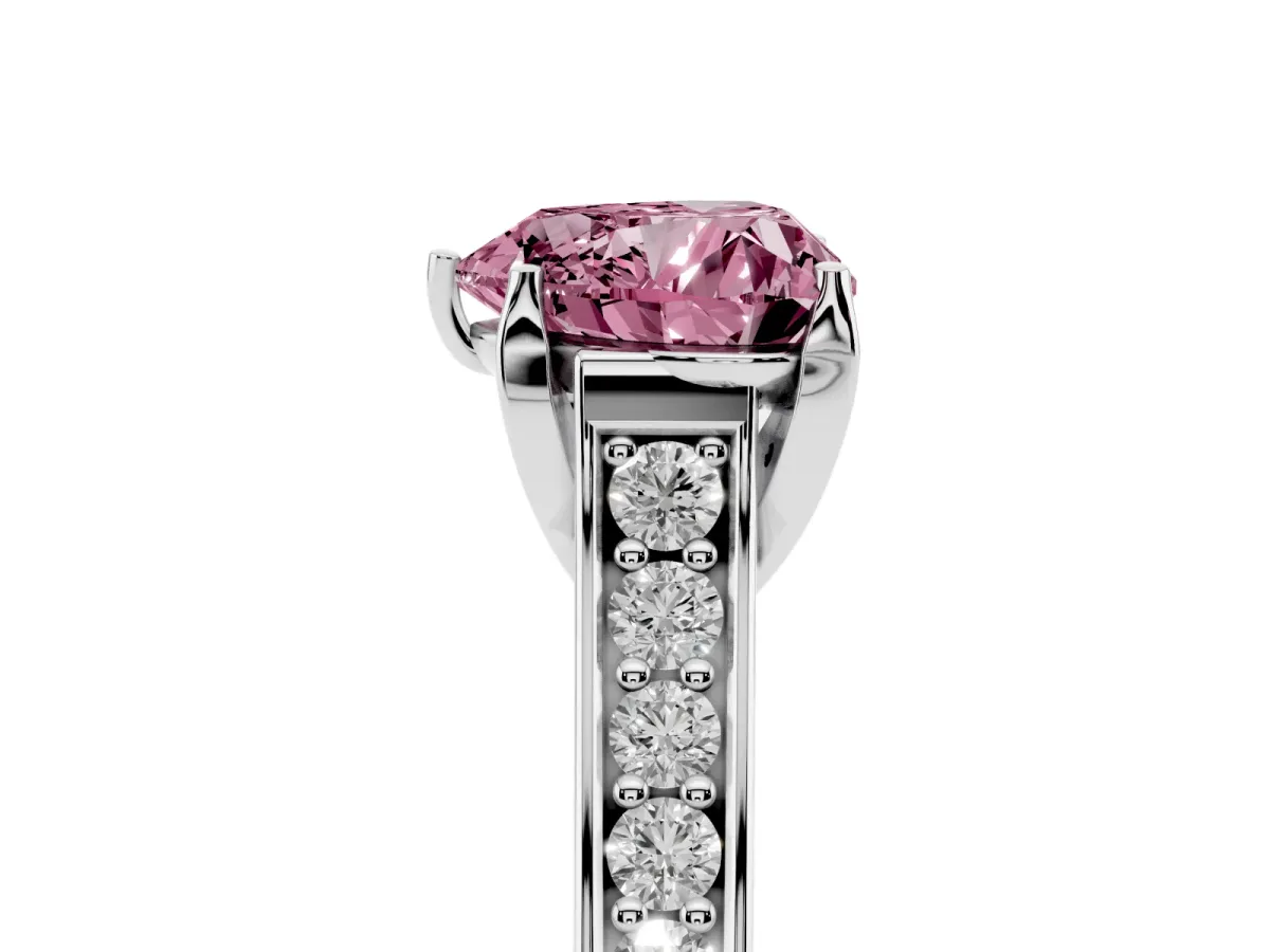 Fancy Pink Heart Cut Brilliant Cut Diamond Engagement Ring with Pavé Band and Four-Prong Setting White gold