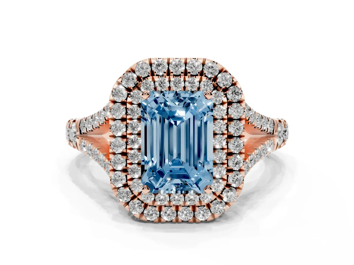 Fancy Blue Emerald Cut Diamond Pavé Split Shank Double Halo Engagement Ring Rose gold