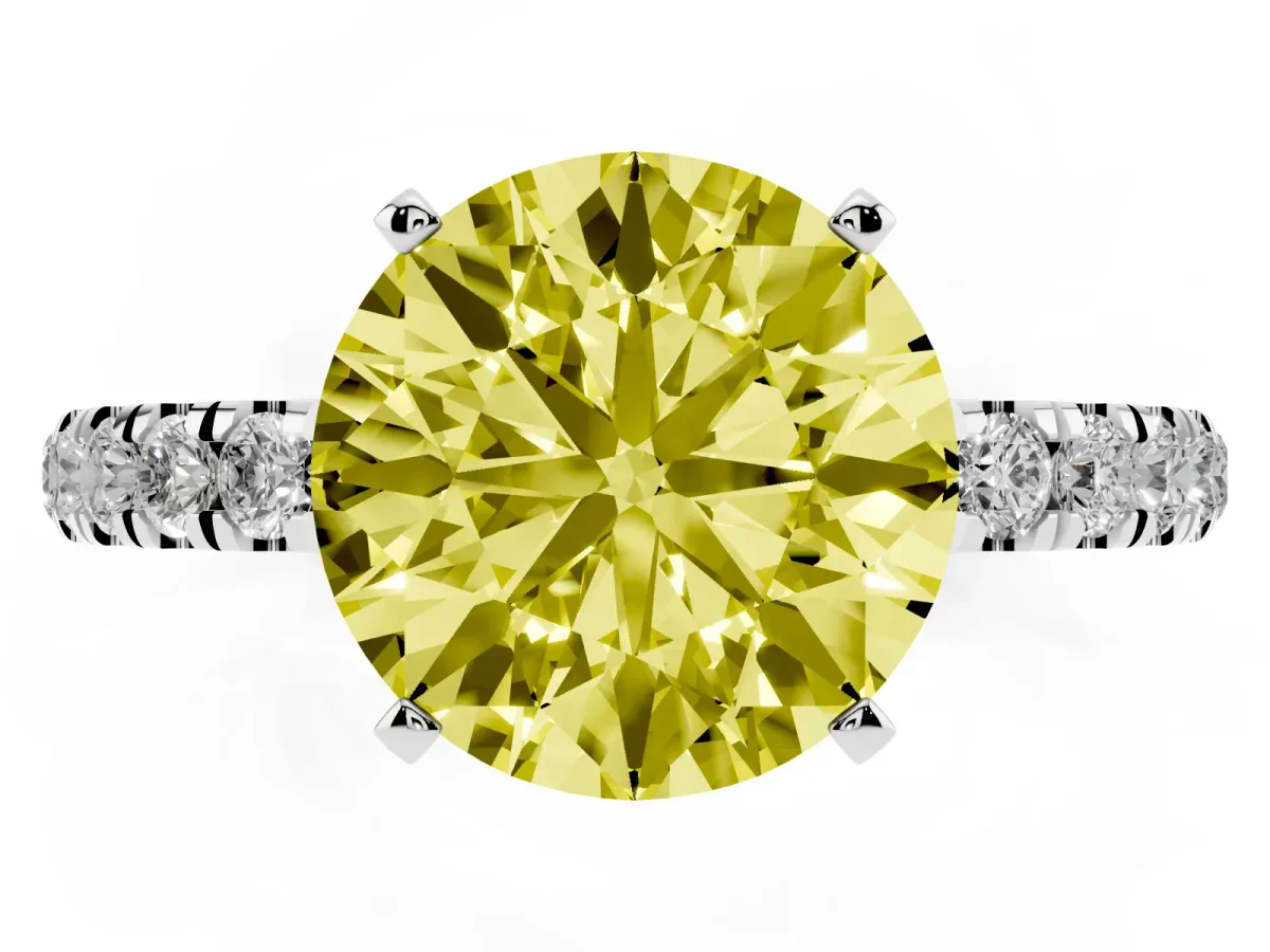 Fancy Yellow Round Cut Diamond Solitaire Ring with Pavé Accents and Four-Prong Setting Silver