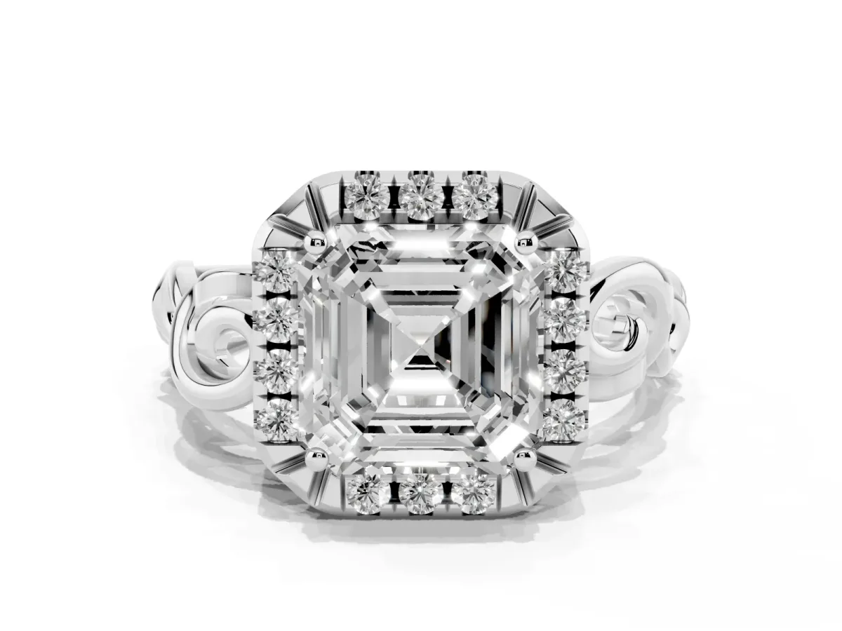 Asscher Cut Cut Halo Diamond Ring with Scrollwork Band and Four-Prong Setting Silver