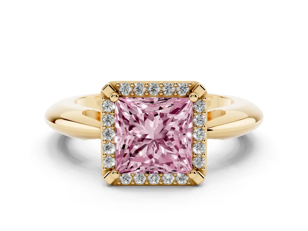 Fancy Pink Princess Cut Cut Diamond Halo Engagement Ring with Split Shank and Four-Prong Setting Yellow gold