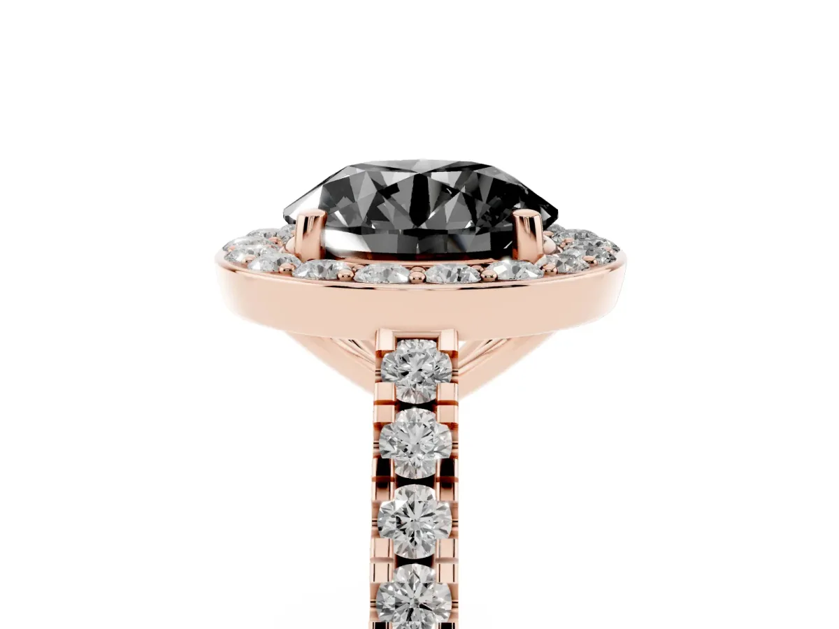 Fancy Black Round Cut Diamond Halo Ring with Round Pavé Split Shank and Prong Setting Rose gold