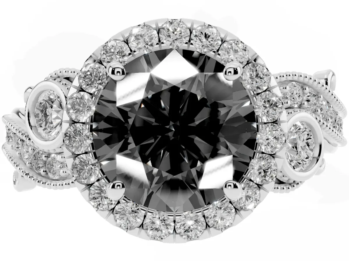 Fancy Black Round Cut Halo Diamond Ring with Milgrain and Bezel Accents on a Split Shank Band Platinum