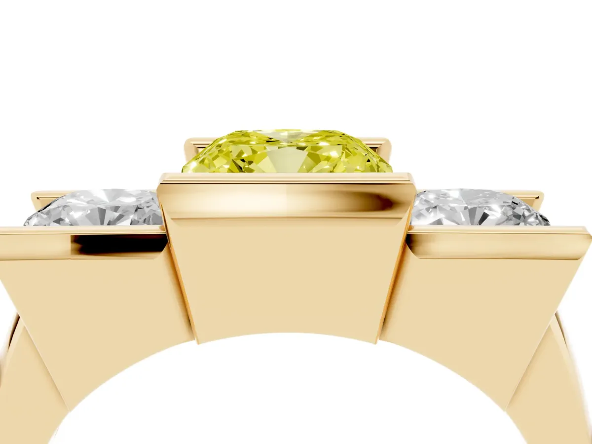 Fancy Yellow Three Stone Cushion Cut Cut Channel Set Diamond Ring Yellow gold