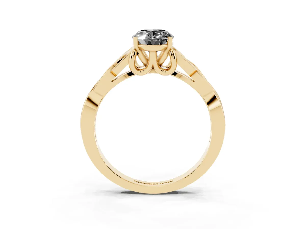 Fancy Black Oval Cut Diamond Solitaire Engagement Ring with Celtic Knot Band and Four-Prong Setting Yellow gold