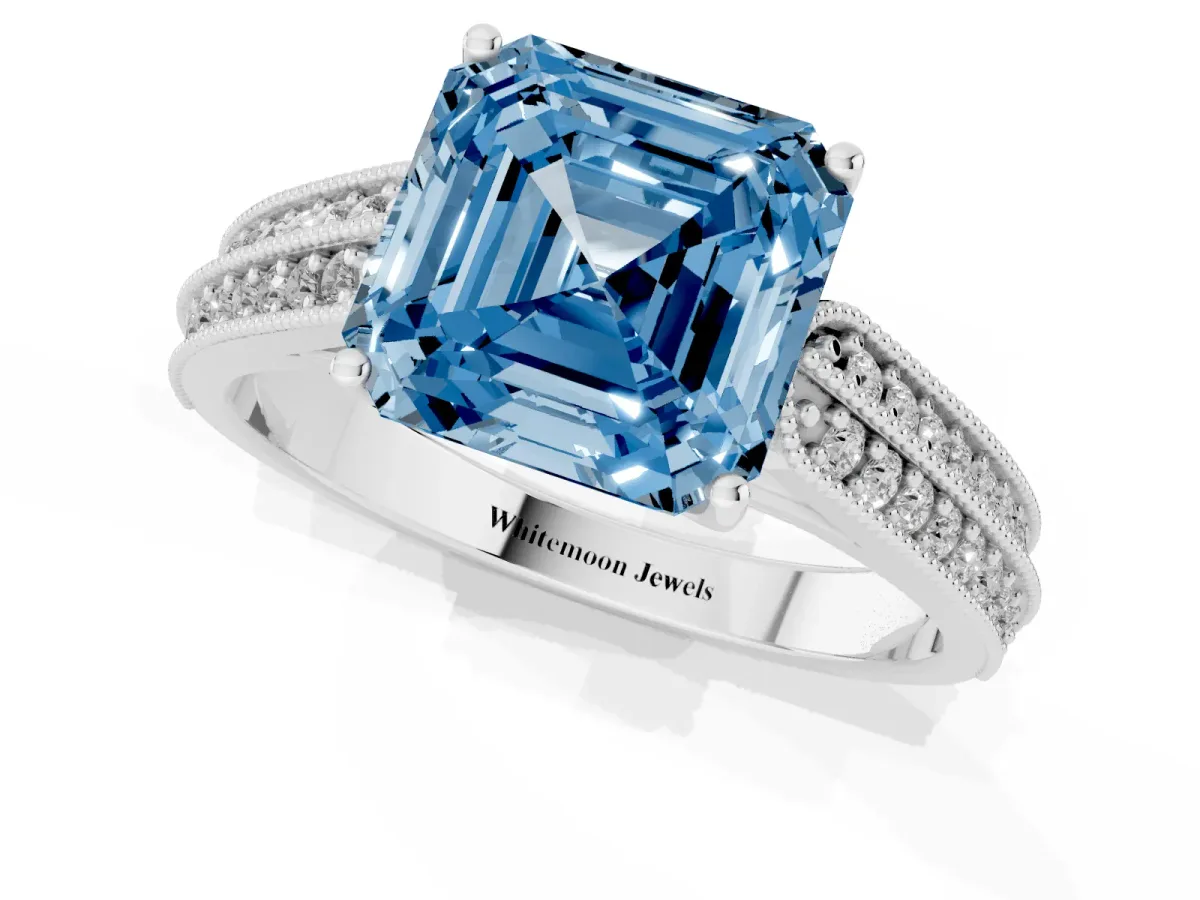 Fancy Blue Asscher Cut Cut Pave Split Shank Engagement Ring with Four-Prong Setting Platinum