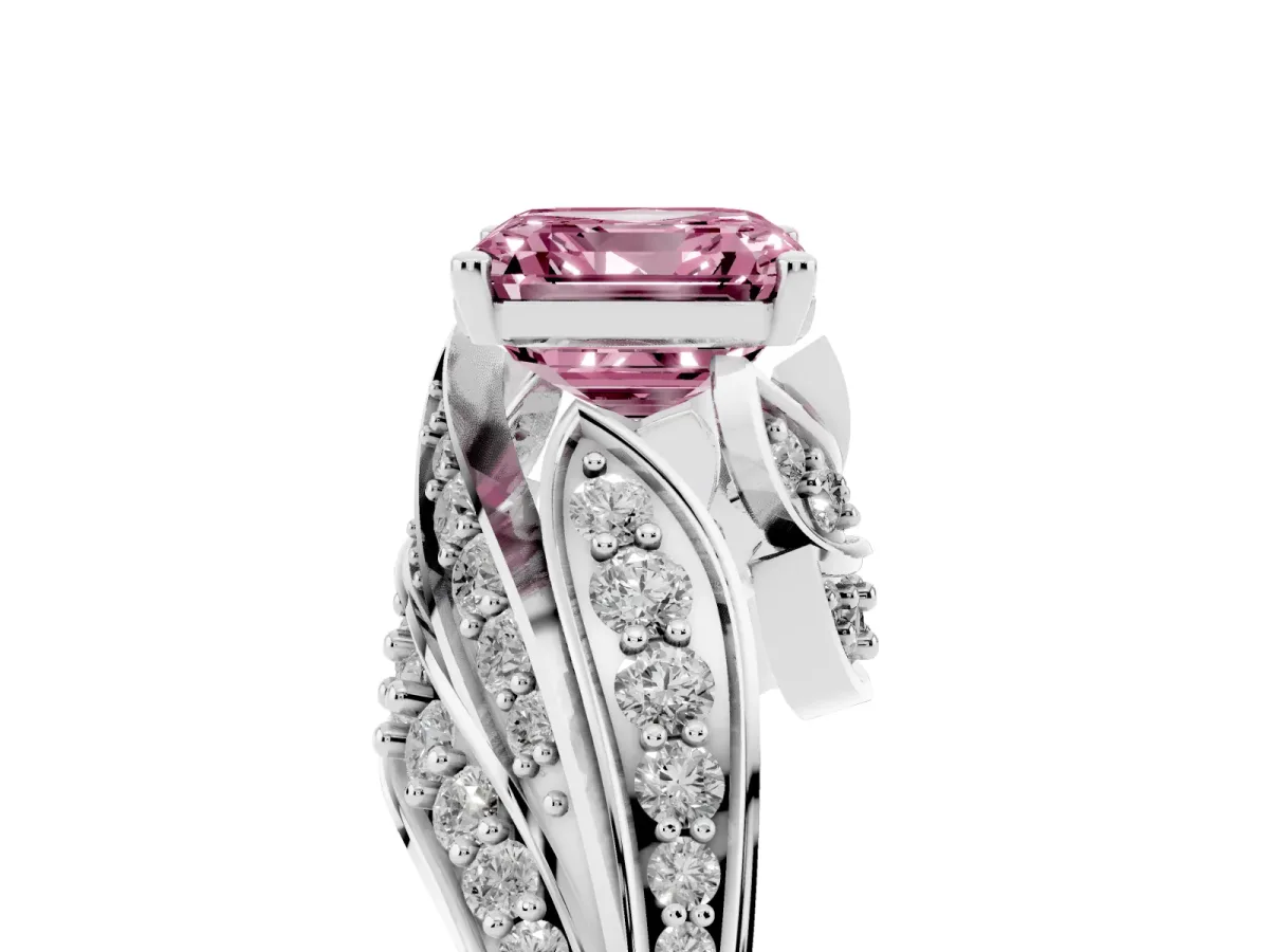 Fancy Pink Asscher Cut Diamond Solitaire Ring with Prong Setting and Twisted Pavé Band Silver