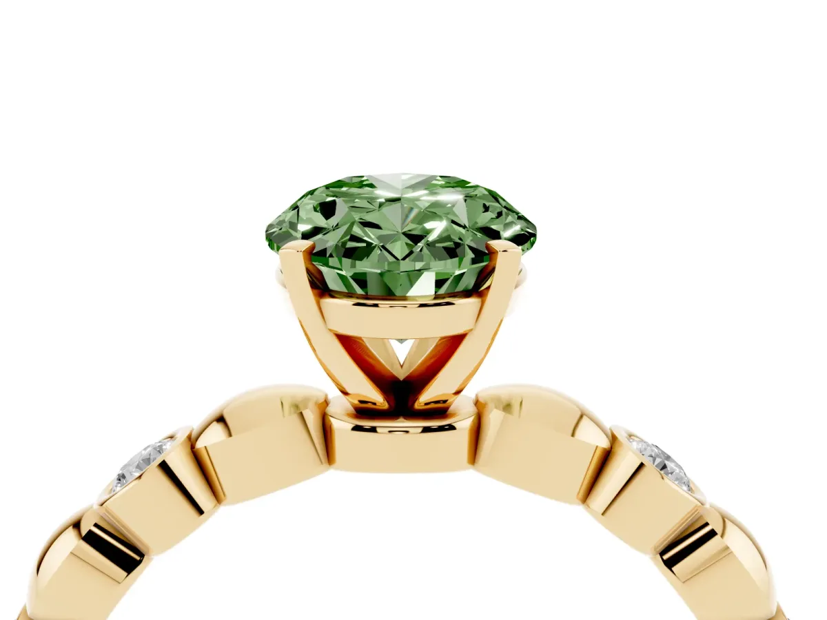 Fancy Green Oval Cut Solitaire Bezel-Set Diamond Ring with Beaded Band and Four-Prong Setting Yellow gold
