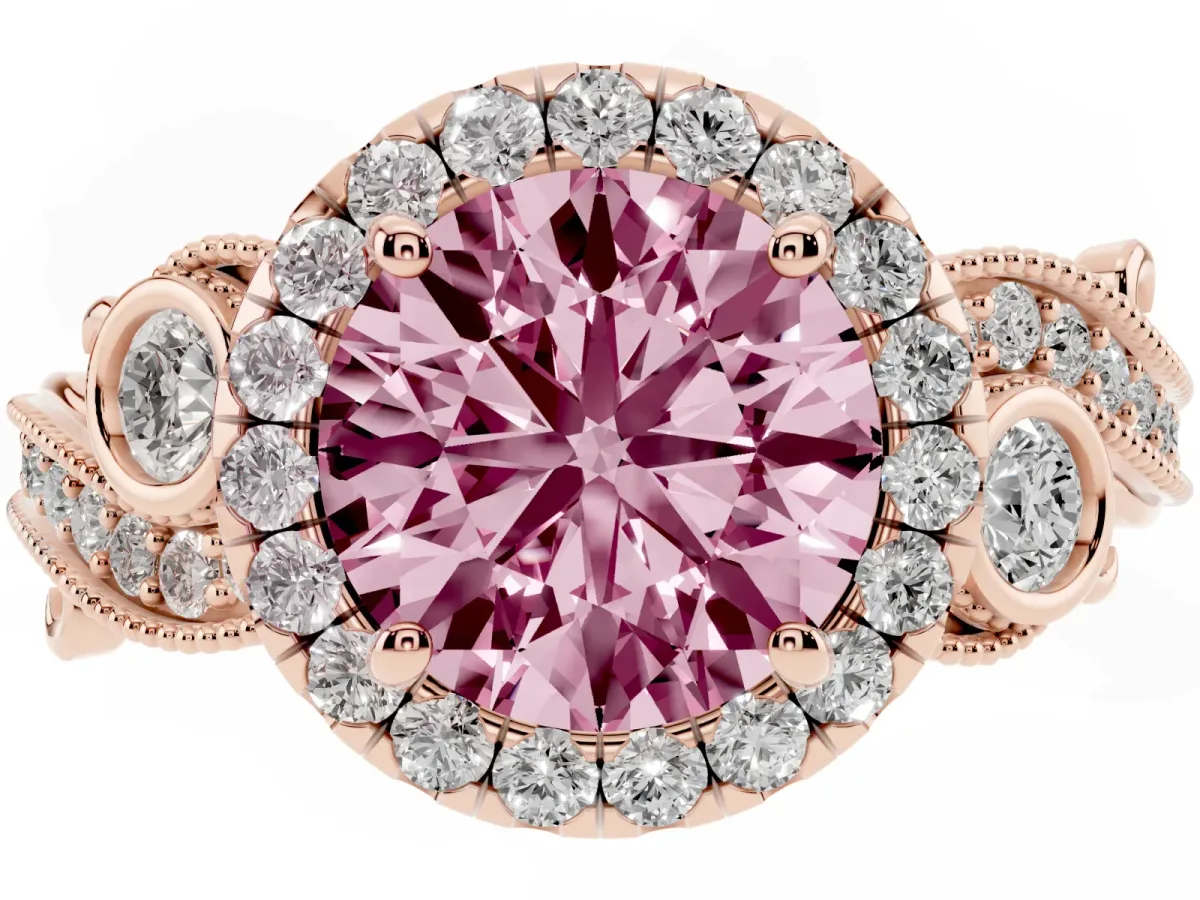 Fancy Pink Round Cut Halo Diamond Ring with Milgrain and Bezel Accents on a Split Shank Band Rose gold