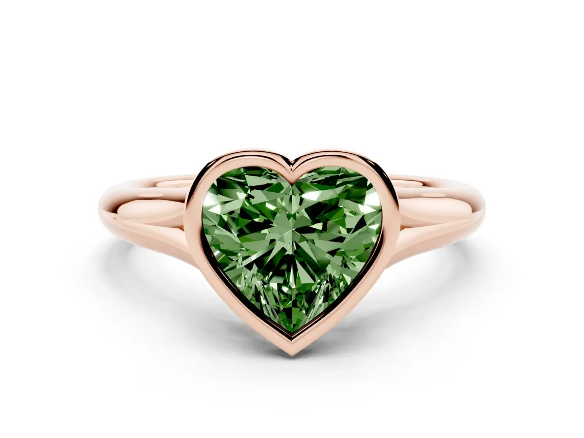 Fancy Green Bezel Set Heart Cut Solitaire Diamond Ring with Smooth Band Rose gold