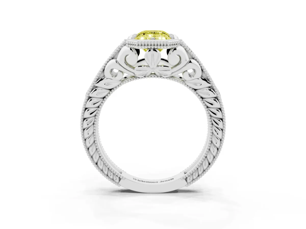 Fancy Yellow Bezel Set Emerald Cut Diamond Milgrain Pave Engagement Ring Silver