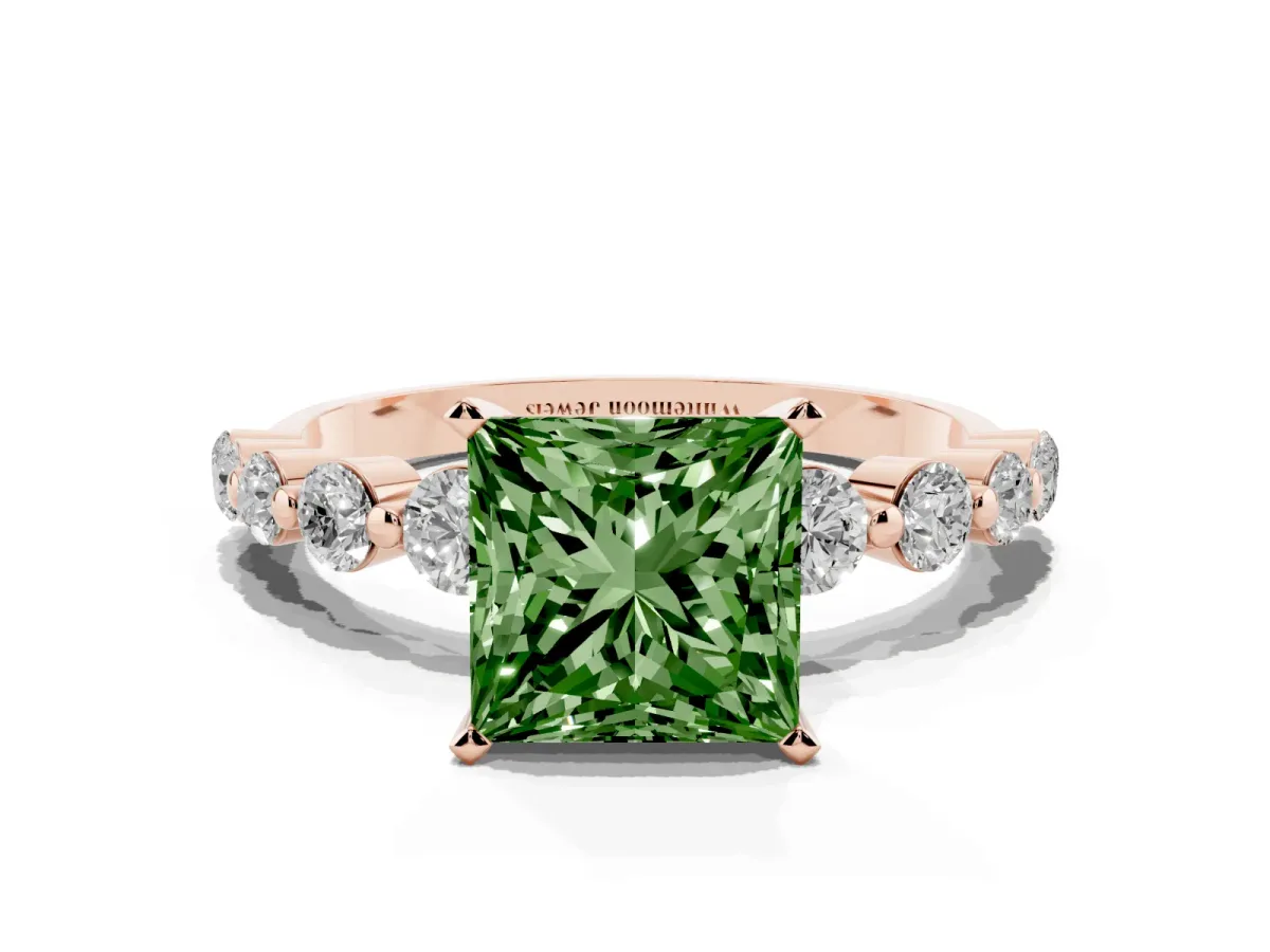 Fancy Green Princess Cut Solitaire Diamond Ring with Pave Band and Four-Prong Setting Rose gold