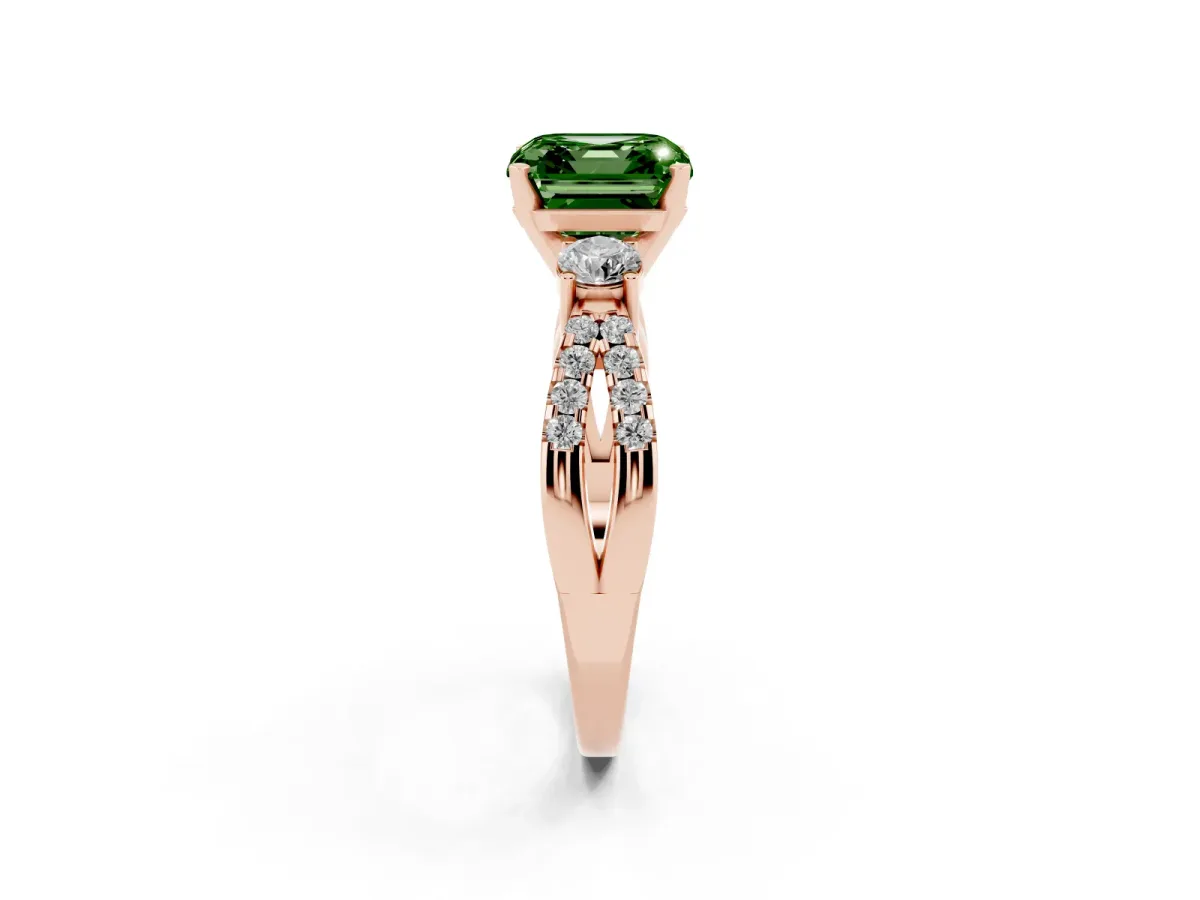 Fancy Green Asscher Cut Diamond Three-Stone Ring with Pavé Split Shank and Four-Prong Setting Rose gold