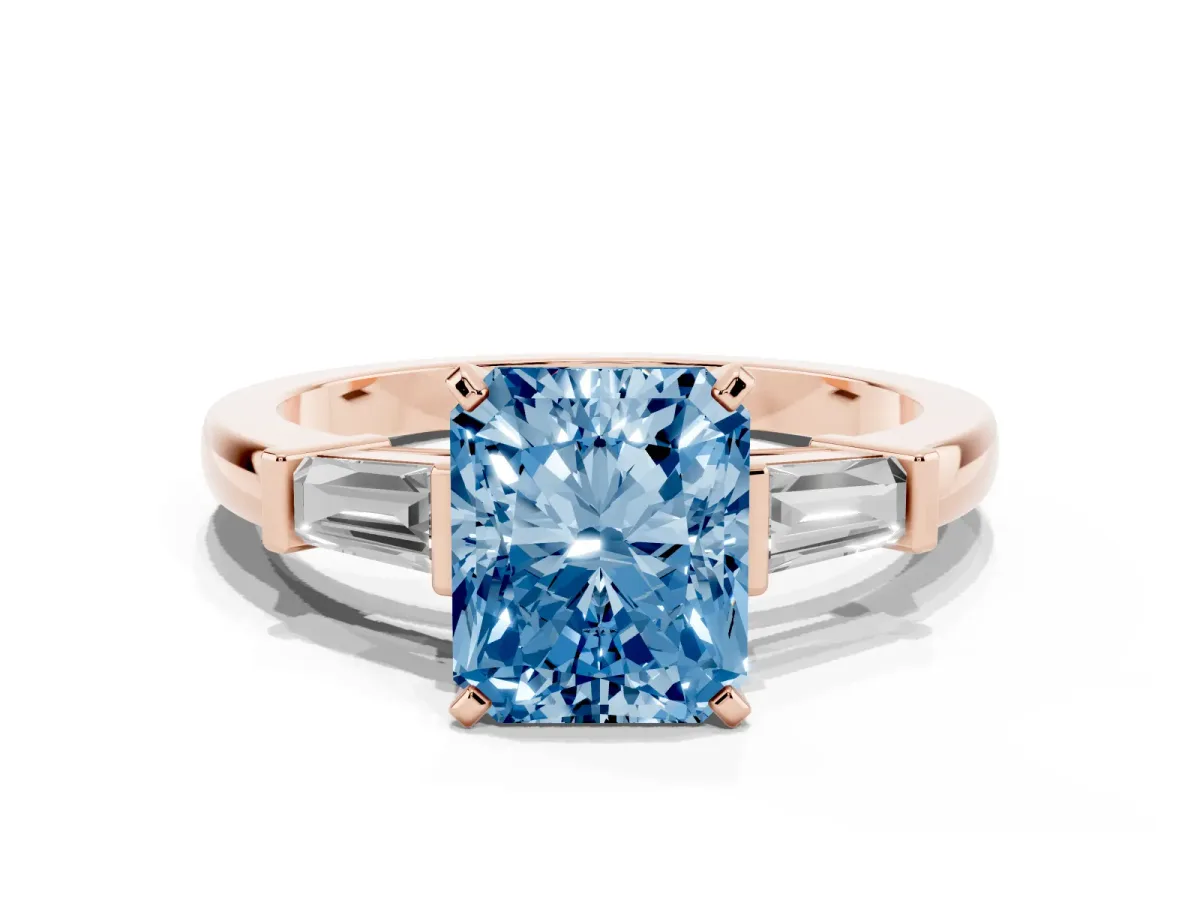 Fancy Blue Radiant Cut Cut Diamond Solitaire Ring with Tapered Baguette Accents and Four-Prong Setting Rose gold
