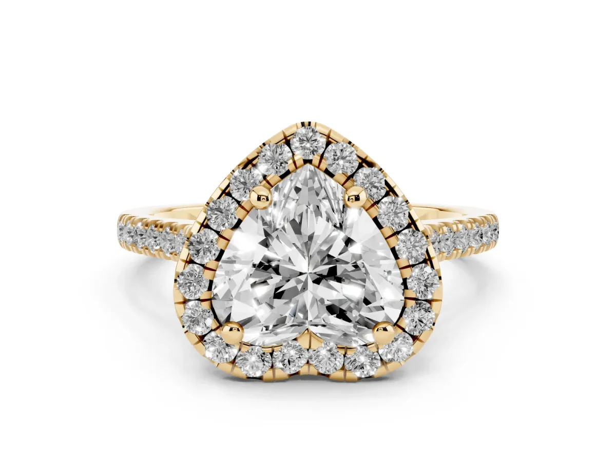 Heart Cut Diamond Cushion Halo Ring with Pavé Band Yellow gold
