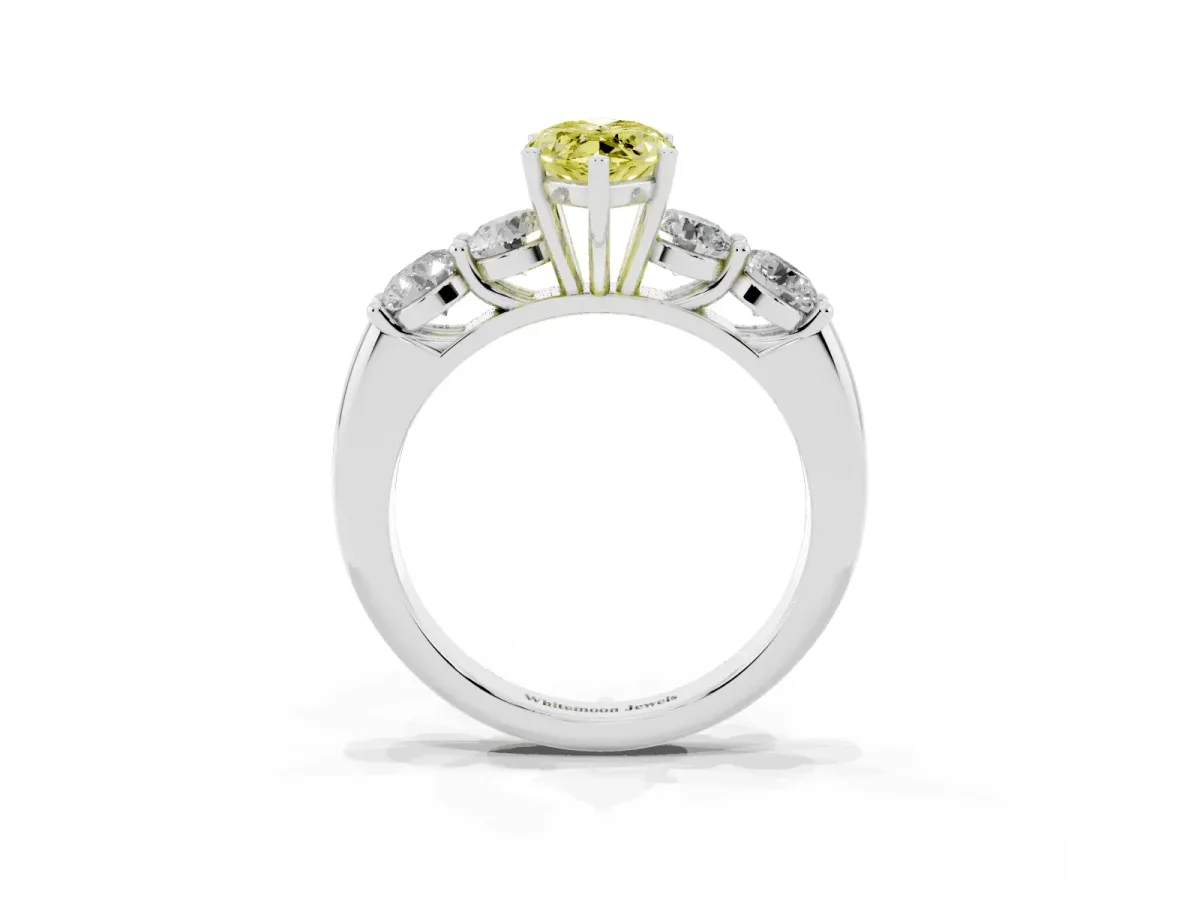 Fancy Yellow Marquise Cut Cut Five-Stone Prong Set Diamond Ring with Classic Band Silver