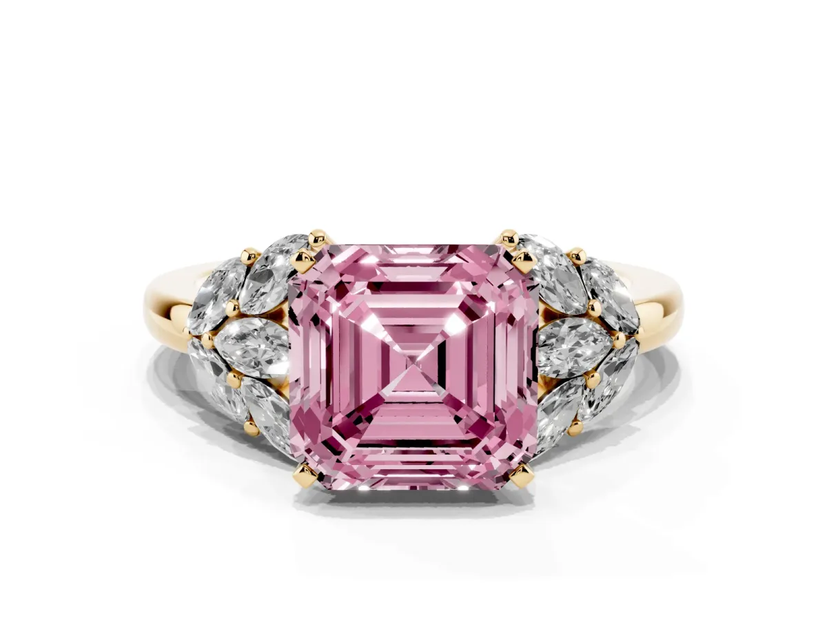 Fancy Pink Asscher Cut Diamond Cluster Leaf Design Ring with Prong Setting Yellow gold