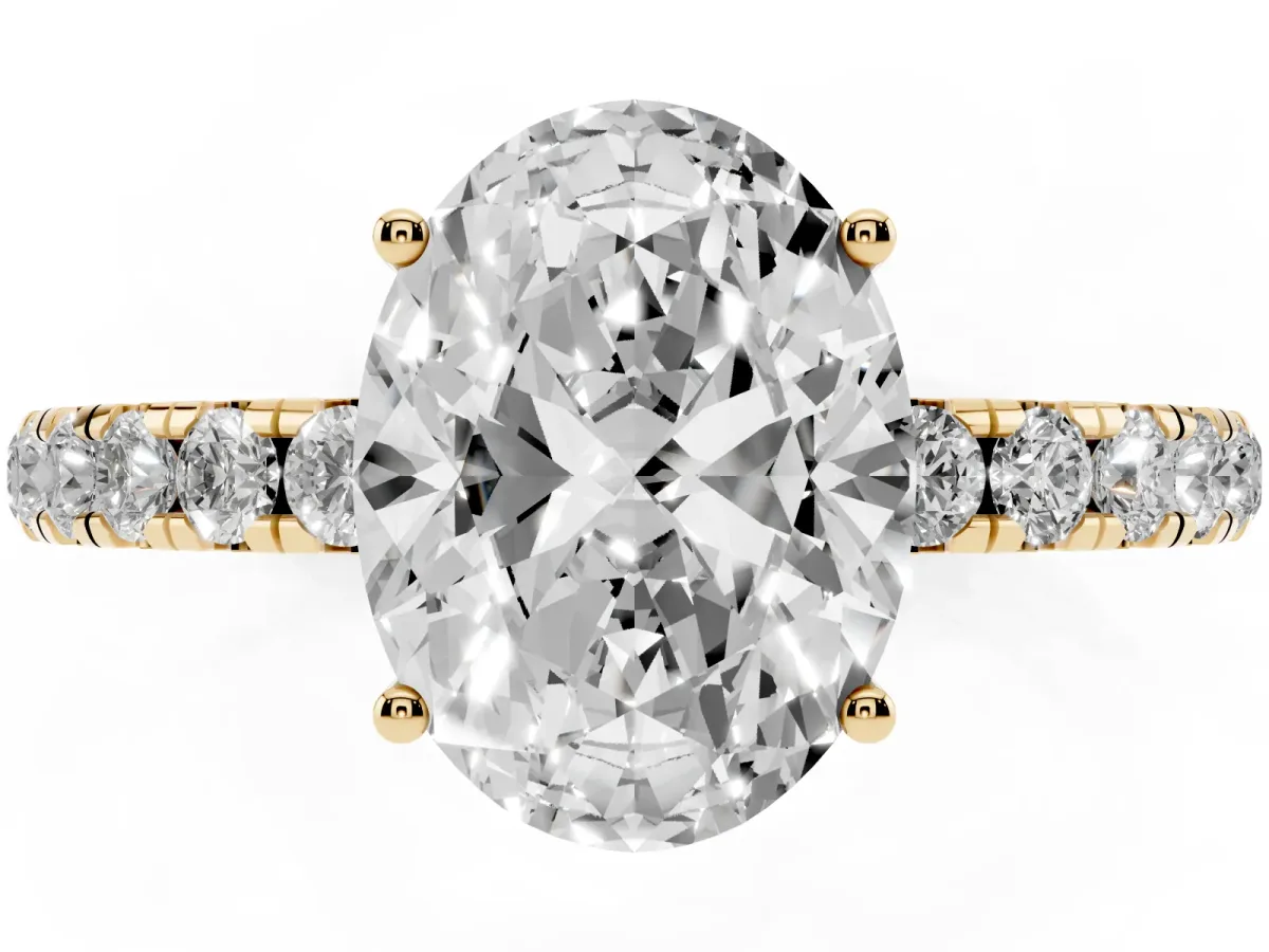 Oval Cut Diamond Pavé Solitaire Engagement Ring with Four-Prong Setting Yellow gold