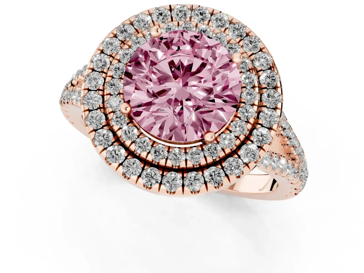 Fancy Pink Round Cut Diamond Double Halo Ring with Pavé Band and Prong Setting Rose gold