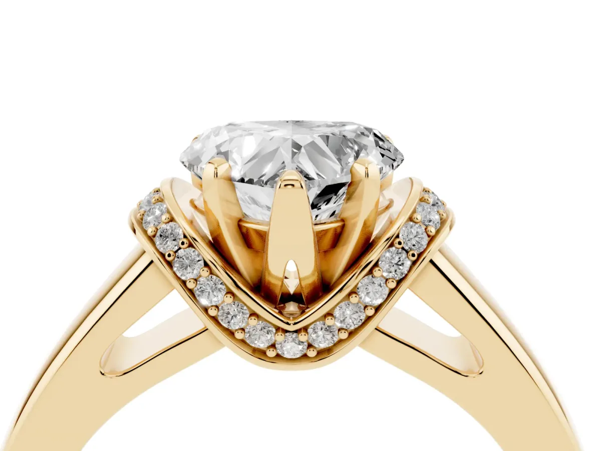 Heart Cut Solitaire Diamond Ring with Pave Band and Six-Prong Setting Yellow gold