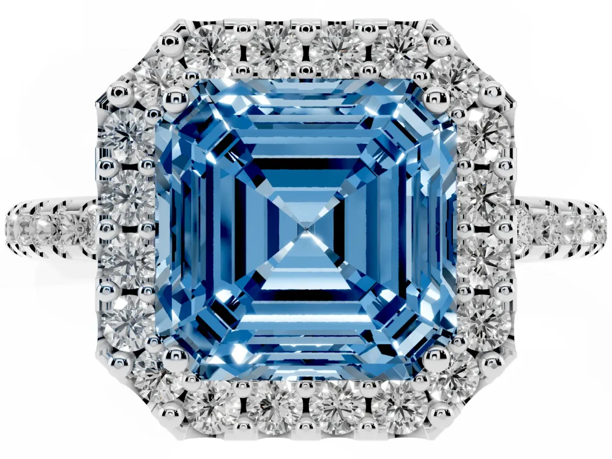 Fancy Blue Asscher Cut Diamond Pavé Halo Ring with Four-Prong Setting Platinum