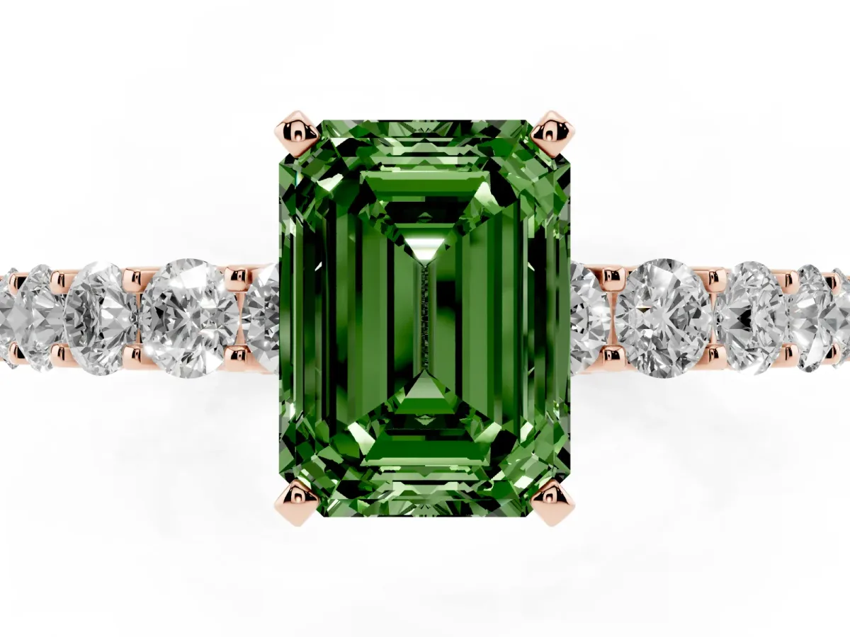 Fancy Green Emerald Cut Diamond Solitaire Ring with Shared Prong Pavé Band and Four-Prong Setting Rose gold