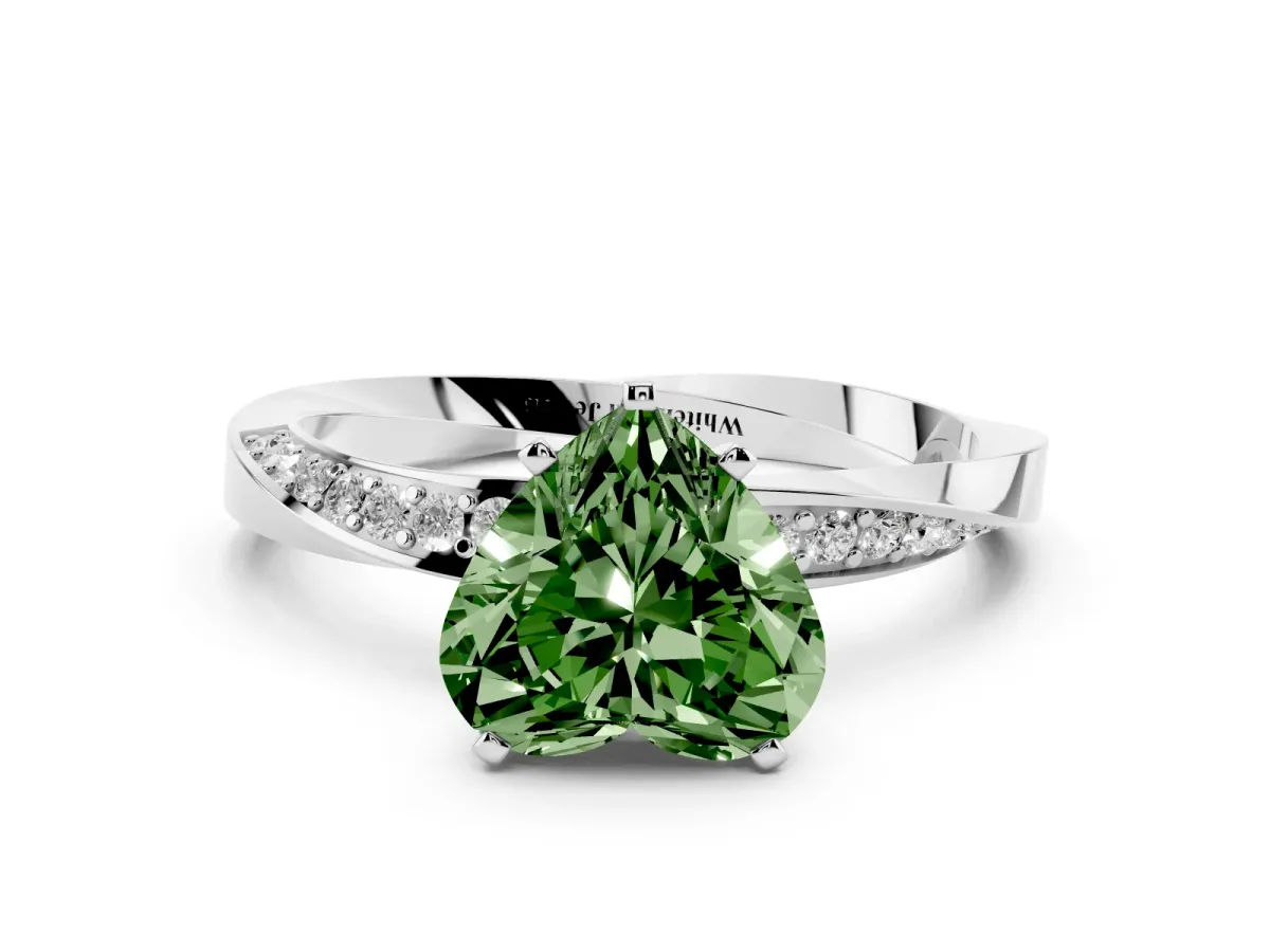 Fancy Green Heart Cut Diamond Engagement Ring with Side Stone Accents and Four-Prong Setting Silver
