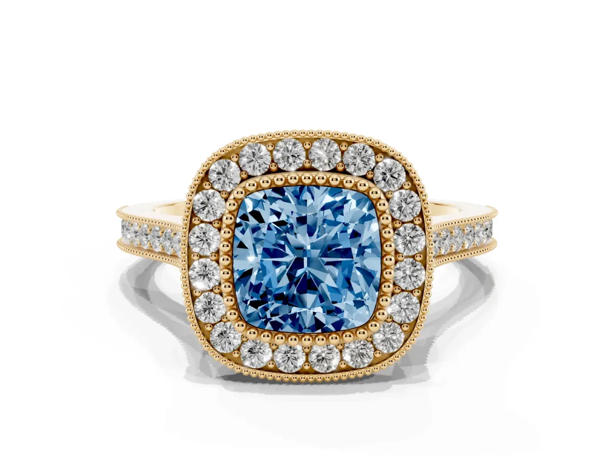 Fancy Blue Cushion Cut Diamond Halo Ring with Milgrain Frame and Pavé Band Yellow gold