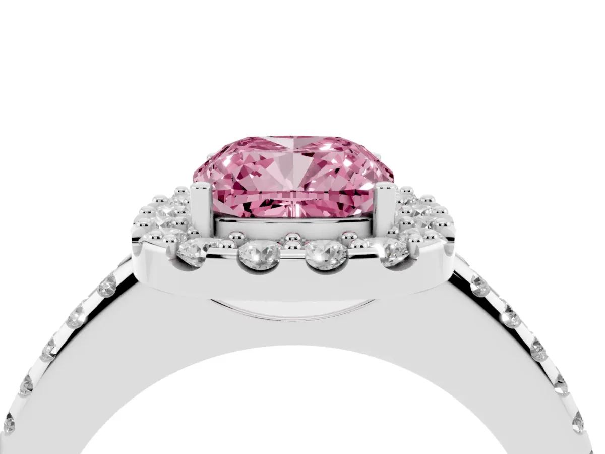 Fancy Pink Cushion Cut Diamond Pavé Halo Ring with Four-Prong Setting Silver