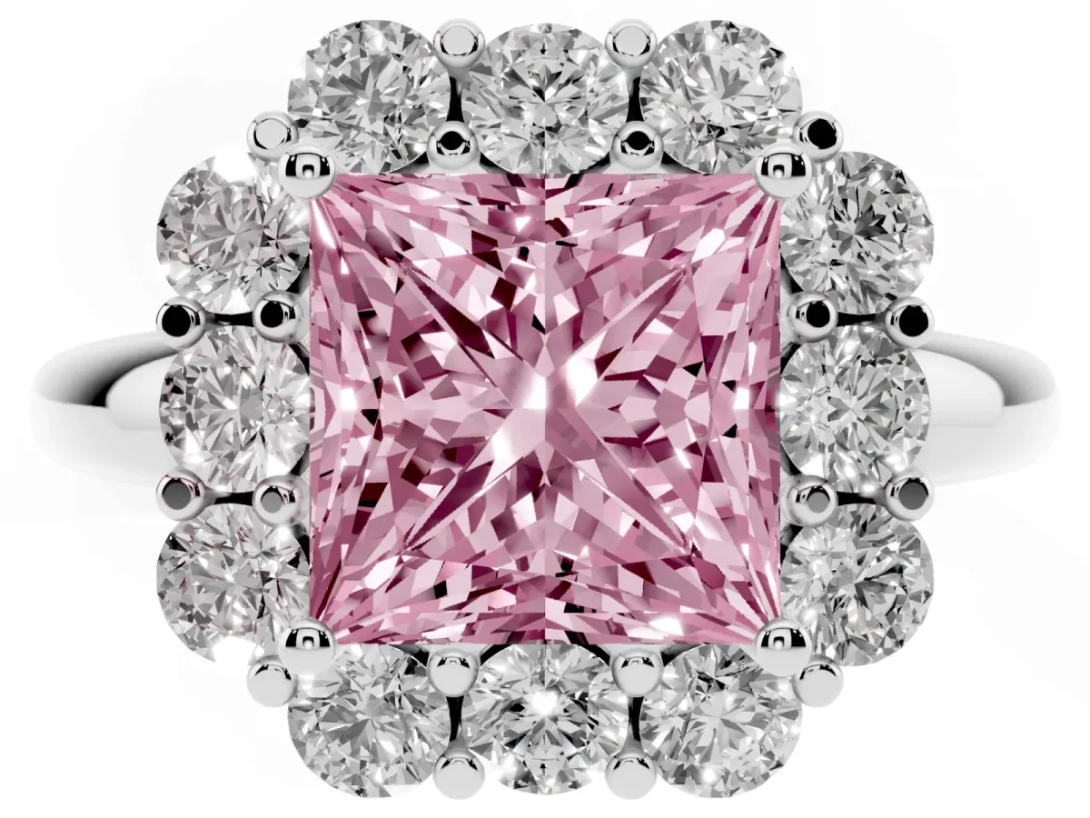 Fancy Pink Princess Cut Halo Milgrain Solitaire with Bezel Set Side Stones and Pave Band Platinum