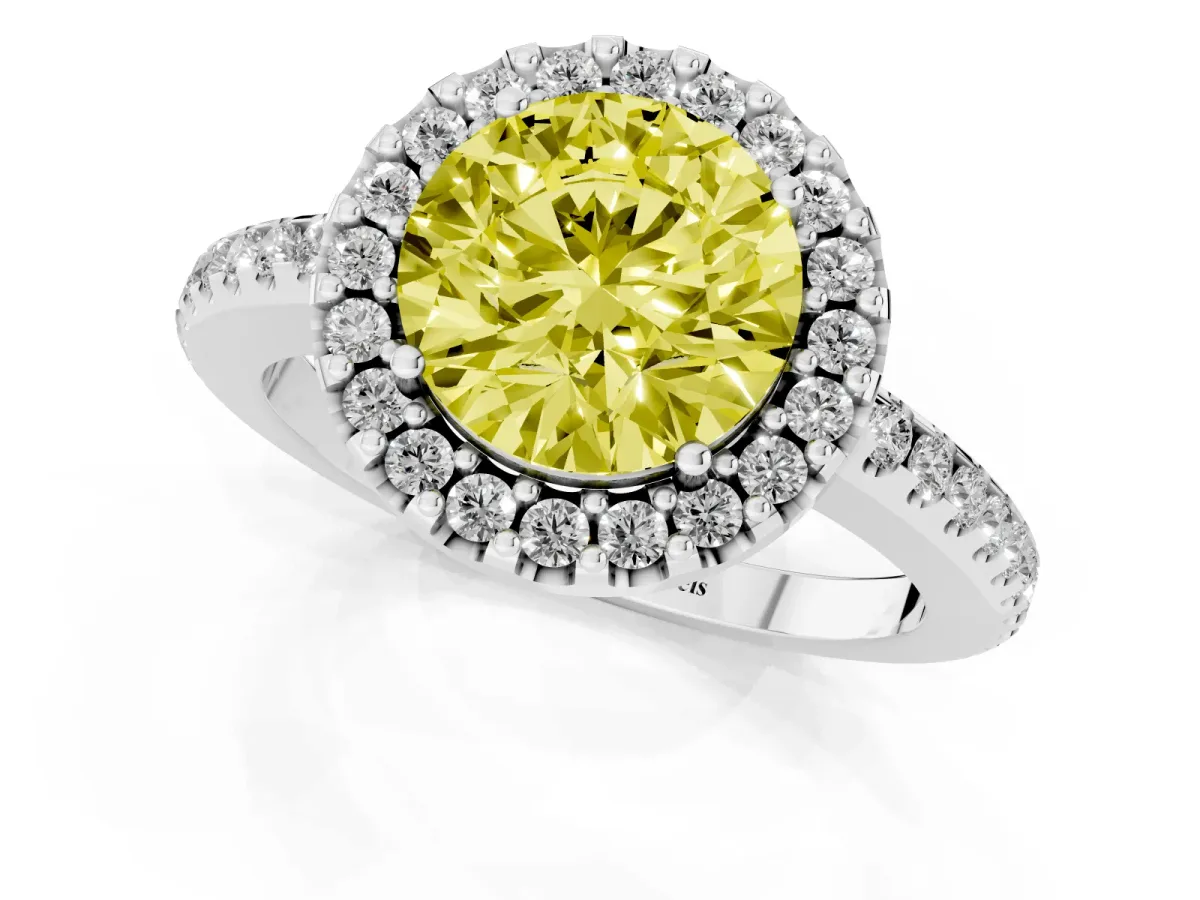 Fancy Yellow Round Cut Diamond Pavé Halo Ring with Four-Prong Setting Platinum