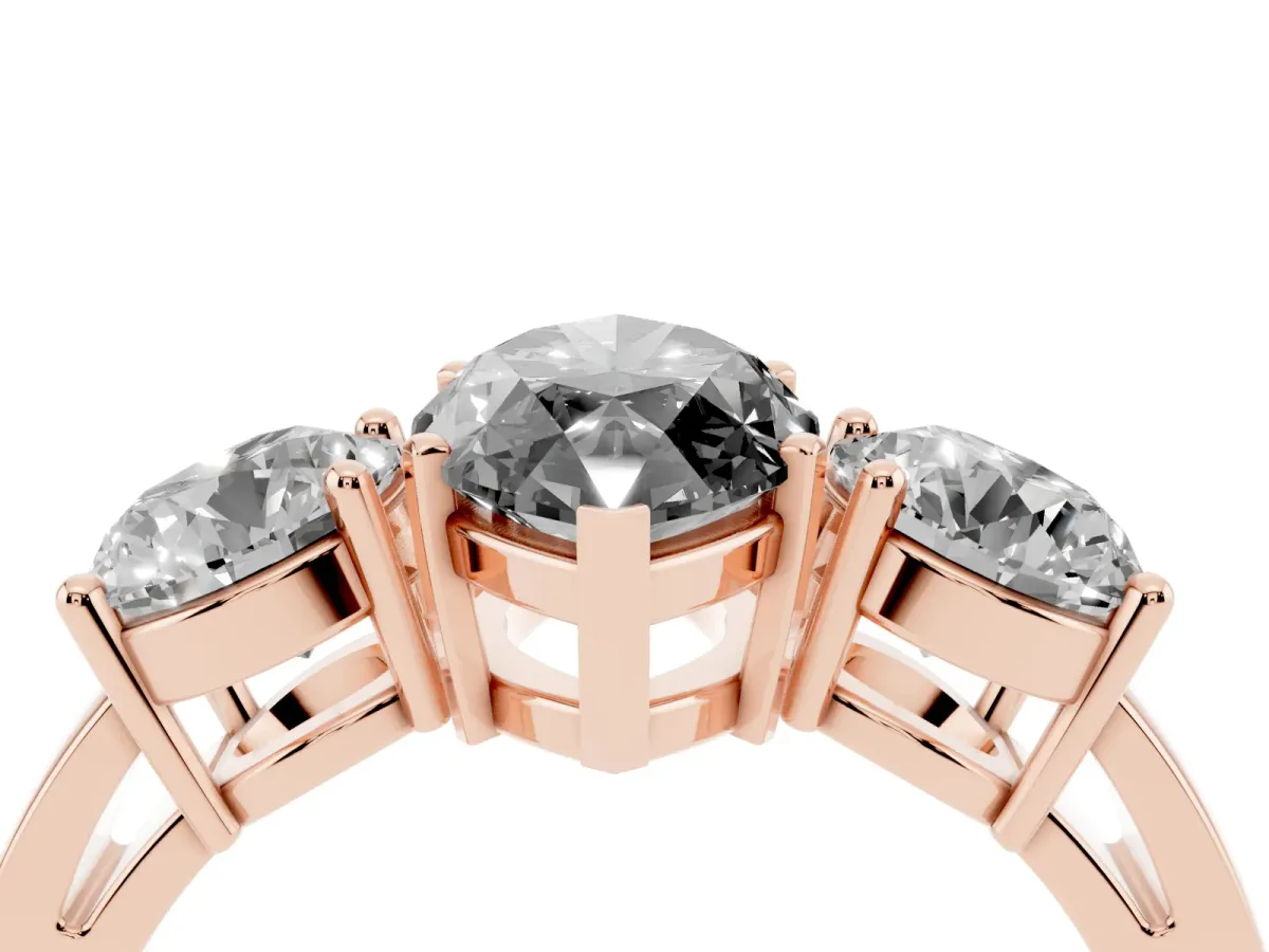 Fancy Black Three-Stone Marquise Cut Diamond Ring with Round Side Stones, Classic Band, and Four-Prong Setting Rose gold