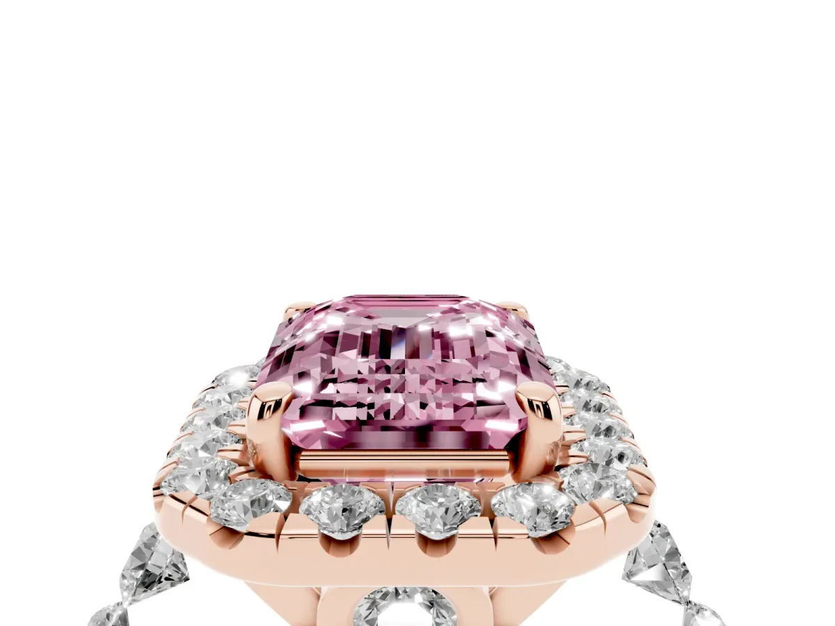 Fancy Pink Emerald Cut Halo Pavé Diamond Engagement Ring with Four-Prong Setting Rose gold