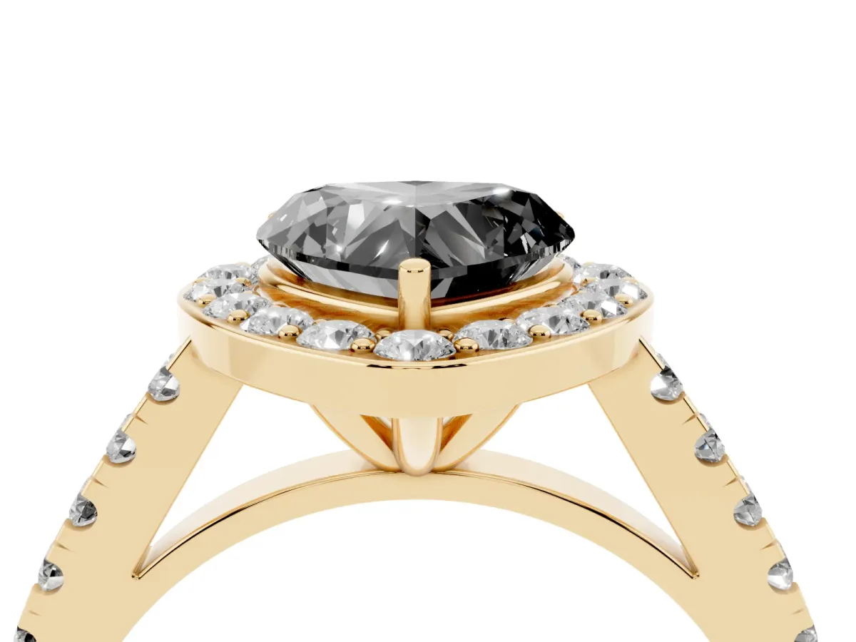 Fancy Black Heart Cut Diamond Halo Ring with Round Pavé Split Shank and Prong Setting Yellow gold